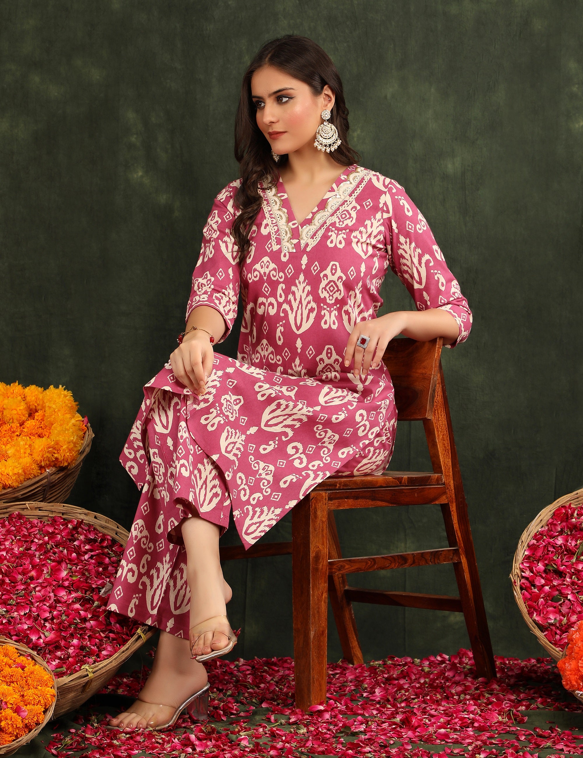 Women Printed Regular Thread Work Pure Cotton Kurta with Palazzos
